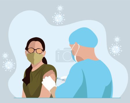 Téléchargez les illustrations : Vaccination corona réussie en Inde, Jeune femme portant des lunettes et un masque facial se faisant vacciner par une infirmière masculine dans un centre de vaccination illustration vectorielle plate - en licence libre de droit