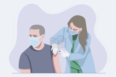 Illustration for Successful corona vaccination in India, man with face mask taking corona vaccine from a female nurse in vaccination center flat vector illustration - Royalty Free Image