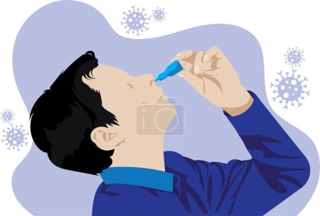 Téléchargez les illustrations : Vaccination nasale contre la couronne découverte par l'Inde, adolescent prenant un vaccin nasal pour lutter contre la couronne illustration vectorielle plate - en licence libre de droit