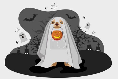 Illustration for A puppy with a white cloth covering his head and body and a Halloween pumpkin hanging from his mouth is celebrating Halloween night in a cemetery hand drawn vector art - Royalty Free Image