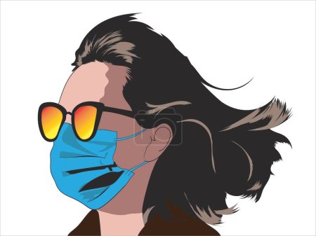 Téléchargez les illustrations : Illustration comique fictive d'une jeune femme aux cheveux courts et aux lunettes de soleil portant un masque pour éviter une infection à couronne - en licence libre de droit
