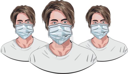 Ilustración de Doctores ficticios con máscara quirúrgica de triple capa para tratar a una paciente con corona positiva, una ilustración cómica - Imagen libre de derechos