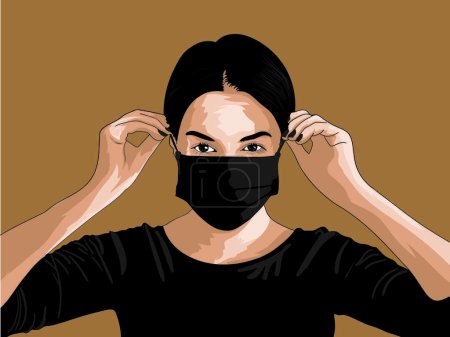 Ilustración de Chica joven ficticia que usa máscara de triple capa para evitar la infección por el virus de la corona covid19, una ilustración de dibujos animados - Imagen libre de derechos