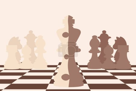 Ilustración de Ilustración conceptual de reyes blancos y oscuros se fusionan en forma de rompecabezas de pie en tablero de ajedrez con reinas torres obispos caballeros y peones arte vectorial - Imagen libre de derechos
