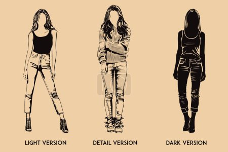 Ilustración de Tres silueta moda niñas línea de arte - Imagen libre de derechos