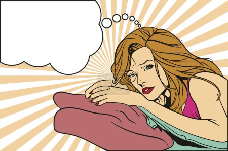 Téléchargez les illustrations : Jeune femme en deuil repose sa tête sur l'oreiller et pense avec la pensée bulle illustration - en licence libre de droit