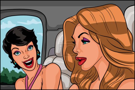 Ilustración de Personajes cómicos dibujados a mano de dos mujeres jóvenes sentadas dentro de un coche y charlando - Imagen libre de derechos