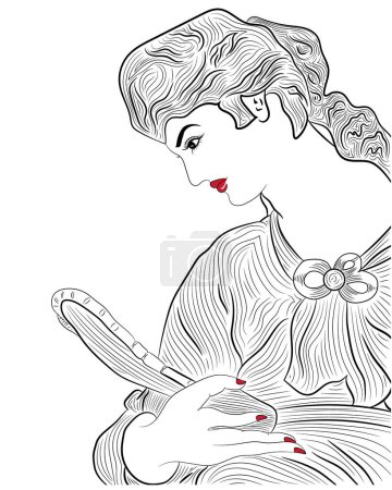 Illustration for The Greek beauty is looking at her beauty in the mirror line art - Royalty Free Image