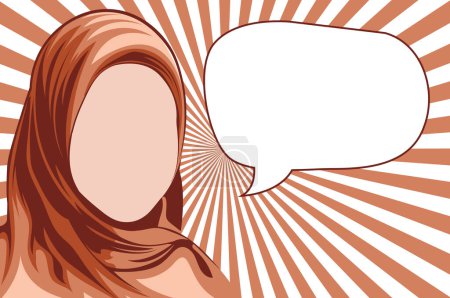 Illustration for Asian, Arabian, Iranian, Islamic Muslim woman wearing hijab with blank speech bubble front face abstract vector cartoon illustration. - Royalty Free Image