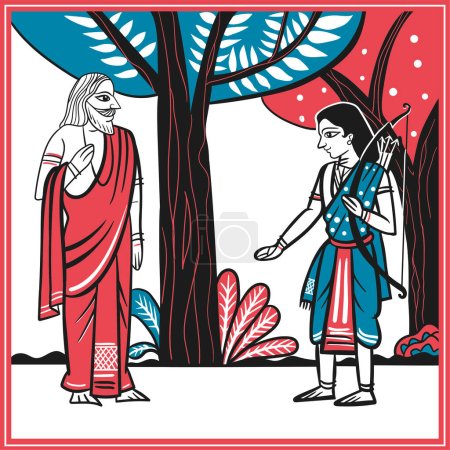 Téléchargez les illustrations : Dronacharya enseigne le tir à l'arc à son élève le plus aimé Arjuna dans son illustration vectorielle de dessin animé ashram - en licence libre de droit