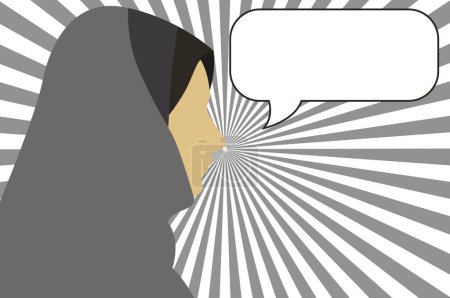 Illustration for Asian, Arabian, Iranian, Islamic Muslim woman wearing hijab with blank speech bubble side face abstract vector cartoon illustration. - Royalty Free Image