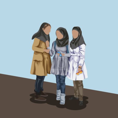 Illustration for Three young Muslim Iranian girls in hijab and modern dress talking - Royalty Free Image