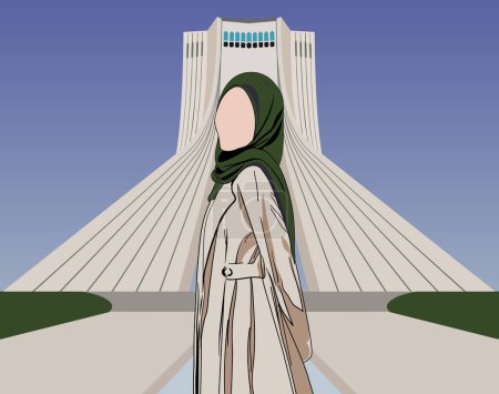 Illustration for Iranian Muslim girl wearing hijab posing for photo with head turned to left in front of Azadi Tower in Tehran - Royalty Free Image