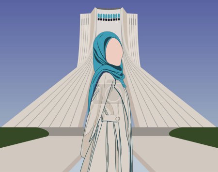 Ilustración de Chica musulmana iraní con hiyab posando para la foto con la cabeza vuelta a la derecha frente a la Torre Azadi en Teherán - Imagen libre de derechos