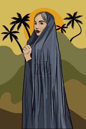 Illustration for Muslim woman in expensive smooth hijab standing in front of palm trees, green mountains and setting sun - Royalty Free Image