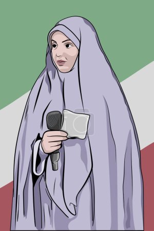 Illustration for Iranian Muslim woman wearing full head hijab standing in front of Iranian flag ready to give speech with microphone and notepad - Royalty Free Image