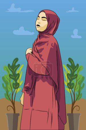Illustration for Asian Muslim woman wearing hijab with closed eyes standing near flower plants in tubs under open sky filled with few clouds - Royalty Free Image