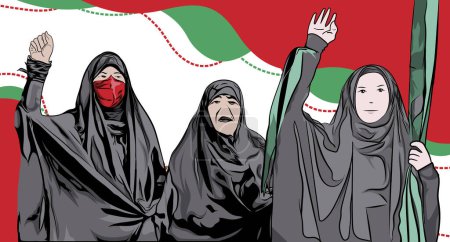 Téléchargez les illustrations : Trois femmes musulmanes portant le hijab et tenant le drapeau iranien dans le mouvement de protestation du hijab - en licence libre de droit