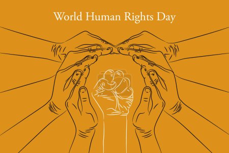 Téléchargez les illustrations : Journée mondiale des droits de l'homme dessin à la main sur fond jaune illustration vectorielle - en licence libre de droit