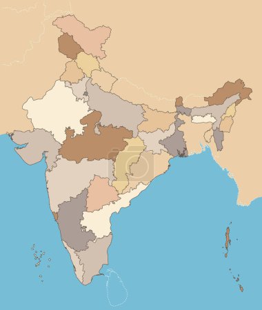 Téléchargez les illustrations : Carte politique de l'Inde avec les états détaillés et les territoires de l'Union, les îles d'Andaman Nicobar et Lakshadweep et les principaux pays voisins illustration vectorielle dessinée à la main - en licence libre de droit