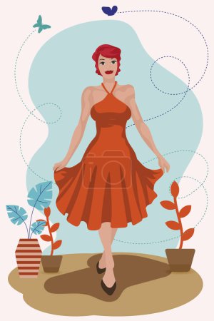 Illustration for A young woman in a new dress is walking happily in the garden hand drawn flat vector art - Royalty Free Image