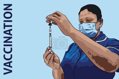 Ilustración de Enfermera está sacando la vacuna de un vial en una jeringa para inyección - Imagen libre de derechos