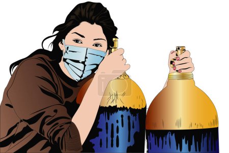 Téléchargez les illustrations : Pénurie d'oxygène en Inde pendant la pandémie du virus de la couronne, jeune femme a réussi à acquérir 2 bouteilles d'oxygène - en licence libre de droit