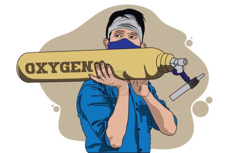Illustration for Oxygen scarcity in India during corona virus pandemic, young man managed to acquire a cylinder of oxygen - Royalty Free Image