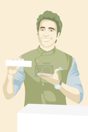 Ilustración de Ilustración empresarial de un hombre joven sosteniendo un producto de consumo en la mano y haciendo un anuncio de arte vectorial - Imagen libre de derechos