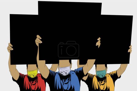 Ilustración de Manifestantes con pancartas durante situación pandémica ilustración vectorial - Imagen libre de derechos