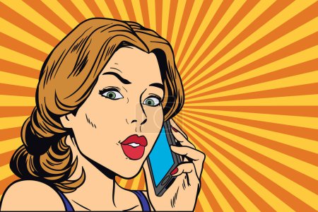 Illustration for Short-haired young woman talking on the smartphone. Pop art retro comic book vector illustration - Royalty Free Image