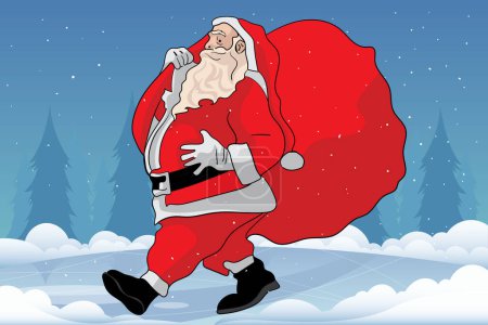 Ilustración de Santa cláusula que lleva su bolsa de regalo en la nieve dibujado a mano navidad ilustración vector de arte - Imagen libre de derechos