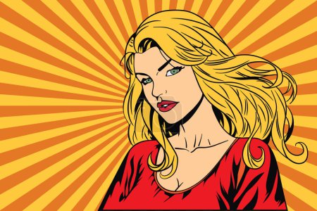 Téléchargez les illustrations : Pop art rétro bande dessinée jeune belle dame blonde en robe rouge - en licence libre de droit