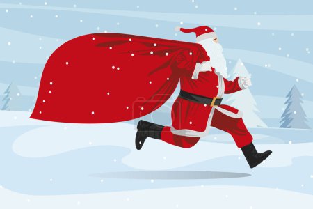 Ilustración de Santa claus corriendo rápido en la nieve con su saco lleno de regalos de Navidad para los niños en la mano de Navidad dibujar arte vector - Imagen libre de derechos
