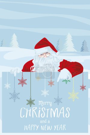 Ilustración de Santa Claus deseando feliz Navidad y feliz año nuevo a todos con una bandera dibujado a mano arte vectorial - Imagen libre de derechos