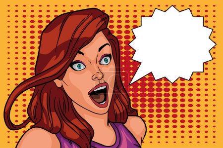 Illustration for Hand drawn pop art illustration of surprised young woman looking forward in surprise - Royalty Free Image