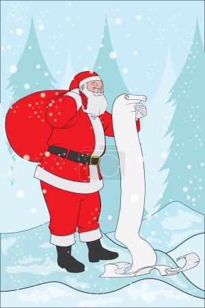 Illustration for Santa clause checking his long scroll list before gift distribution hand drawn christmas vector illustration - Royalty Free Image