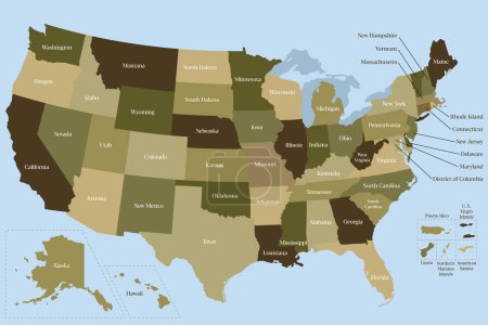 Ilustración de Estados Unidos de América mapa político con los 50 estados e islas vector ilustración - Imagen libre de derechos