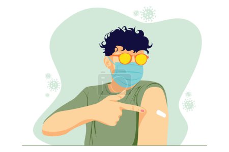 Téléchargez les illustrations : Un jeune homme portant des lunettes de soleil et un masque facial montre où le vaccin a été appliqué, illustration vectorielle plate de la vaccination contre la couronne Inde - en licence libre de droit