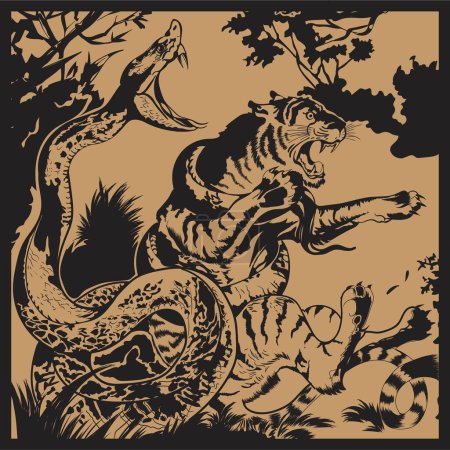 Téléchargez les illustrations : Lutte acharnée entre python et tigre dans une forêt dense illustration de dessin animé monochromatique vectoriel - en licence libre de droit