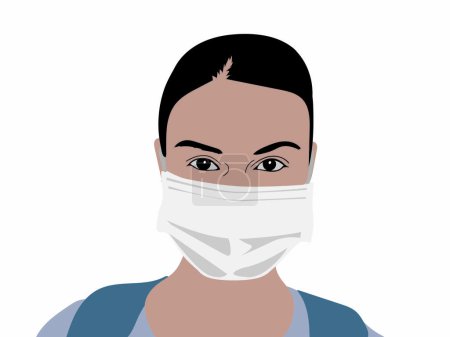 Téléchargez les illustrations : Illustration comique fictive d'une jeune femme portant un masque pour éviter une infection à couronne - en licence libre de droit