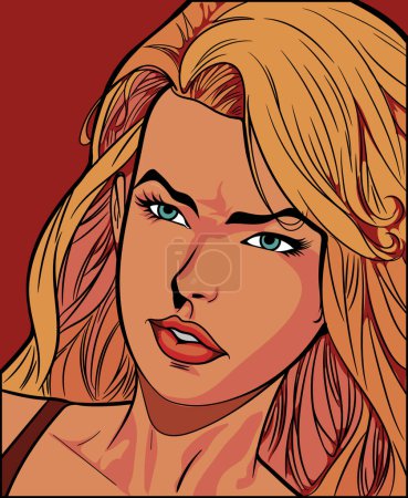 Illustration for Hand drawn comic pop art illustration of beautiful young woman with blonde hair and blue eyes - Royalty Free Image