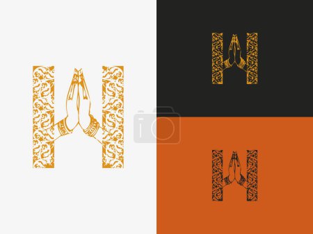 Illustration for Initial letter H with swirls designs and two hands pressed together palms touching and fingers pointing upwards vector logo icon - Royalty Free Image