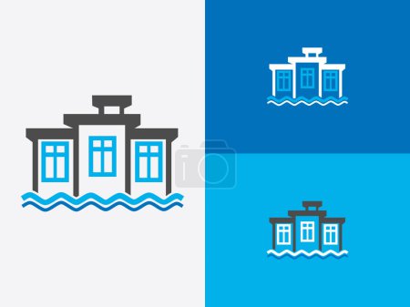 Téléchargez les illustrations : Maison avec des vagues de l'océan, un concept de maison de plage moderne simple minimaliste vecteur de logo symbolique - en licence libre de droit