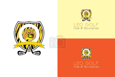 Illustration for Golf logo concept with lion, golf clubs and a shield - Royalty Free Image