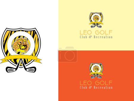 Illustration for Golf logo concept with lion, golf clubs and a shield vector logo illustration - Royalty Free Image