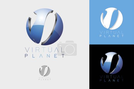 Ilustración de Logotipo moderno de ciencia ficción 3D con globo como esfera y letra V para la compañía digital global o la industria del juego - Imagen libre de derechos