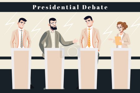 Téléchargez les illustrations : Les candidats à la présidence se tiennent devant le podium lors d'un débat politique voir illustration vectorielle dessinée à la main - en licence libre de droit