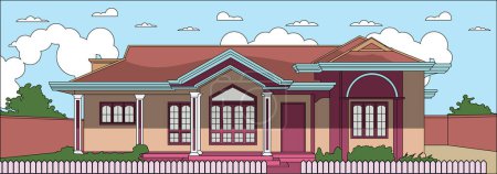 Illustration for Farm house with boundary wall portico lawn hand drawn flat vector art illustration - Royalty Free Image