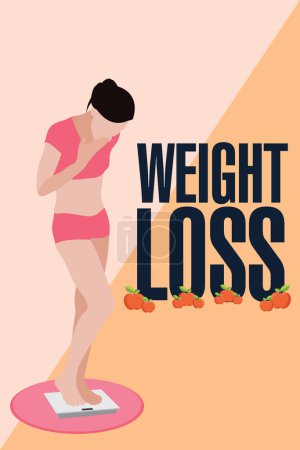 Illustration for Hand drawn weight loss concept art Young woman is happy to see the weight on the weighing machine vector art flat illustration - Royalty Free Image